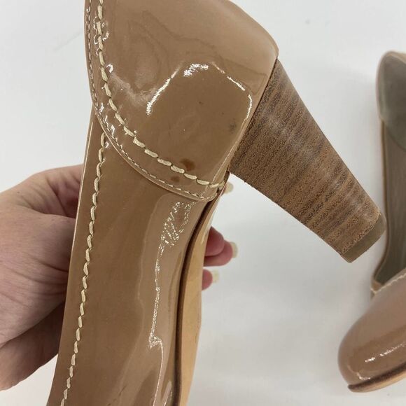 AGL Tan Patent Leather Stacked Wood Heel Pumps womens 38 - Picture 4 of 8